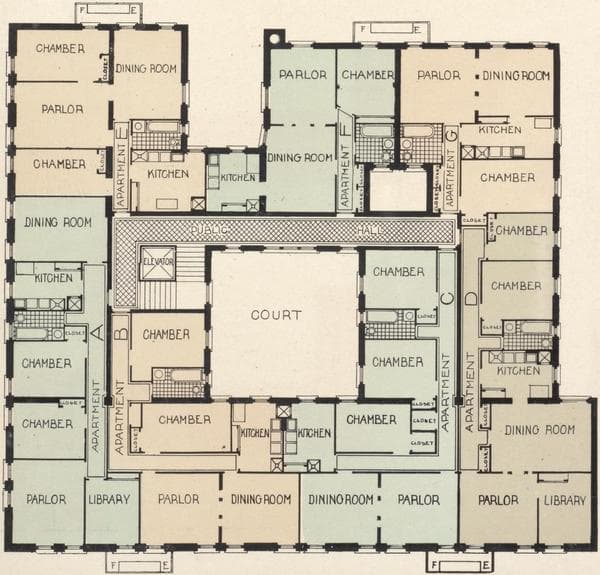 The Palmerston, northwest corner of St. Nicholas Avenue and 184th Street; Plan of first floor; Plan of upper floors., 1908