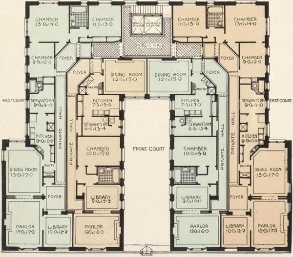 Lassano Court, 307-313 West 79th Street; Plan of first floor; Plan of upper floors., 1908