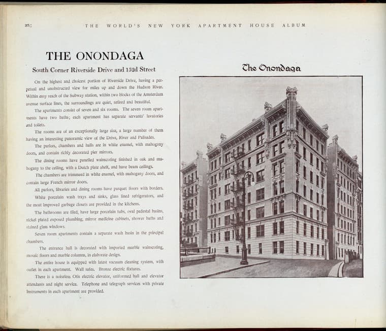 The Onondaga. South Corner Riveriside Drive and 152nd Street., 1910-03