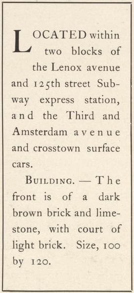 The Mount Morris, northeast corner of Fifth Avenue and 126th Street; Plan of first floor; Plan of upper floors., 1908