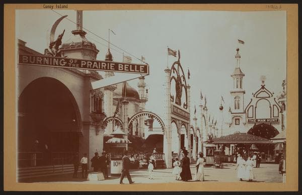 Islands - Coney Island - [Luna Park - Burning of the prairie belle.], 1910