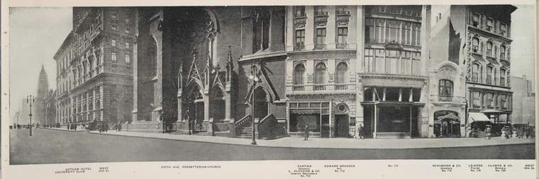 Gotham Hotel University Club - Fifth Ave. Presbyterian Church - Cartier, jewelers - Edward Brandus, art - West 54th St.], 1911