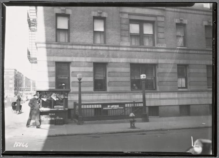West Land apartment building; Subway entrance, Policeman, newstand: 723 W. 177th St-Ft. Washington Av, Manhattan, 1938