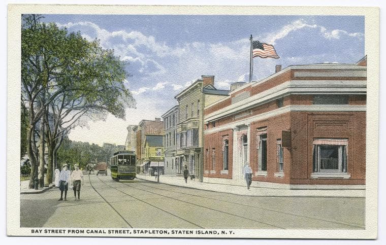 Bay Street from Canal Street, Stapleton, Staten Island, N.Y. [boys in knickers on street, trolley car, shops on one side of street, edge of Washington Park on other side]