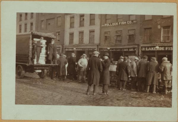 Fulton fish market - [Packaged fish under auction in Peck Slip.], 1923