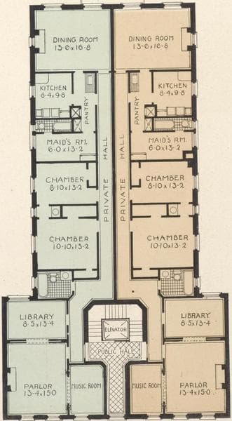 The Hyperion, 318-320 West 84th Street; Plan of first floor; Plan of upper floors., 1908