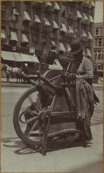 Occupations - Grinder. Left: Knife grinder, Lower East Side. Right: A saw and knife filer, Nineth Avenue and 54th Street, Manhattan., 1920; 1941-04-19