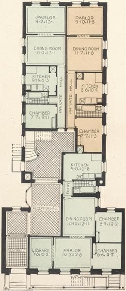 Burlington Apartments, 505-517 West 134th Street, between Broadway and Amsterdam Avenue; Plan of first floor; Plan of upper floors., 1908