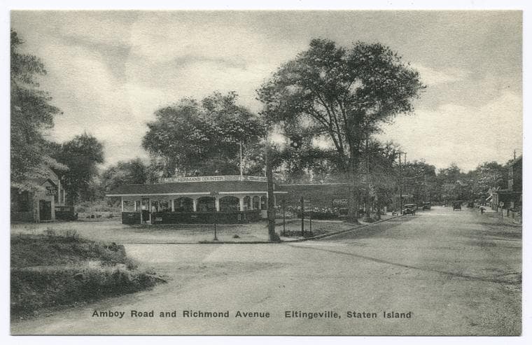 Amboy Road and Richmond Avenue, Eltingville, Staten Island [street with old cars, Herman's Counter, Bar and store with Coca-Cola sign on side of building]