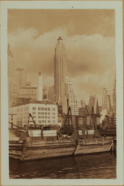 East River - shore and skyline ; South ferry ; Williamsburg bridge., 1932