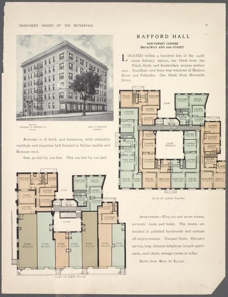 Rafford Hall, northwest corner Broadway and 144th Street; Plan of first floor; Pla n of upper floors., 1908