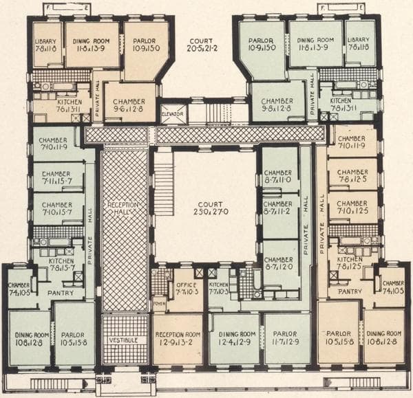 The Bellfonte, Nos. 514 to 518 West 143rd Street, between Broadway and Amsterdam Avenue; Plan of first floor; Plan of upper floors., 1908