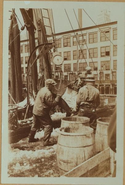 Fulton fish market docks in Manhattan - [Hoisting fish from schooner.], 1934