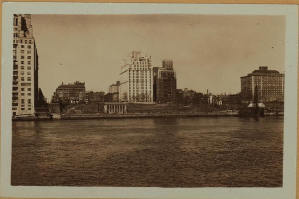 East River - Shore and skyline of Manhattan between East 85th and 92nd Streets - Queensborough Bridge - [Doctor's Hospital - Municipal Asphalt Plant - Miss Chapin's School.], 1931–1933