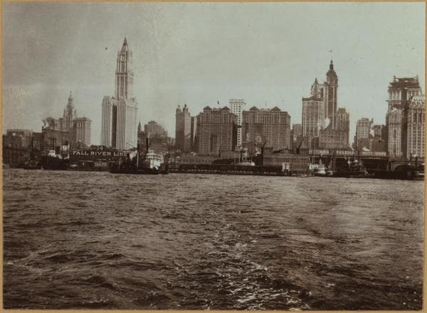 North (Hudson) River - River scenes - Lower Manhattan skyline - [Adams Express Building - Bankers Trust Company - Equitable Trust Company - Singer Manufacturing Company - West Street Building - Woolworth Building - Municipal Building - Hudson Railroad Terminal - Bank of Manhattan - City Bank-Farmers Trust Company - Downtown Athletic Club - Irving Trust Company.], 1914–1930