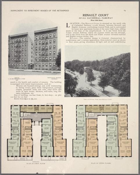 Renault Court, 207-211 Cathedral Parkway (West 110th Street); Plan of first floor; Plan of upper floors; View of Central Park from Renault Court., 1909