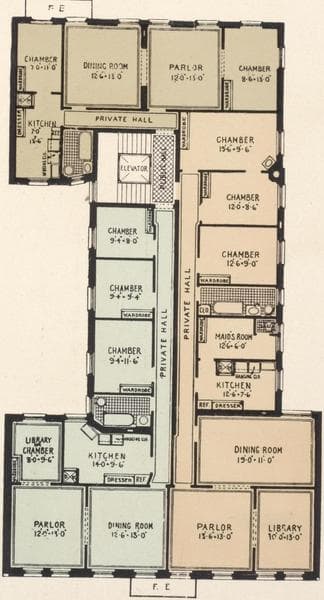 The Rosedale, 352-354 West 118th Street between Manhattan and Morningside Avenues; Plan of first floor; Plan of upper floors., 1908