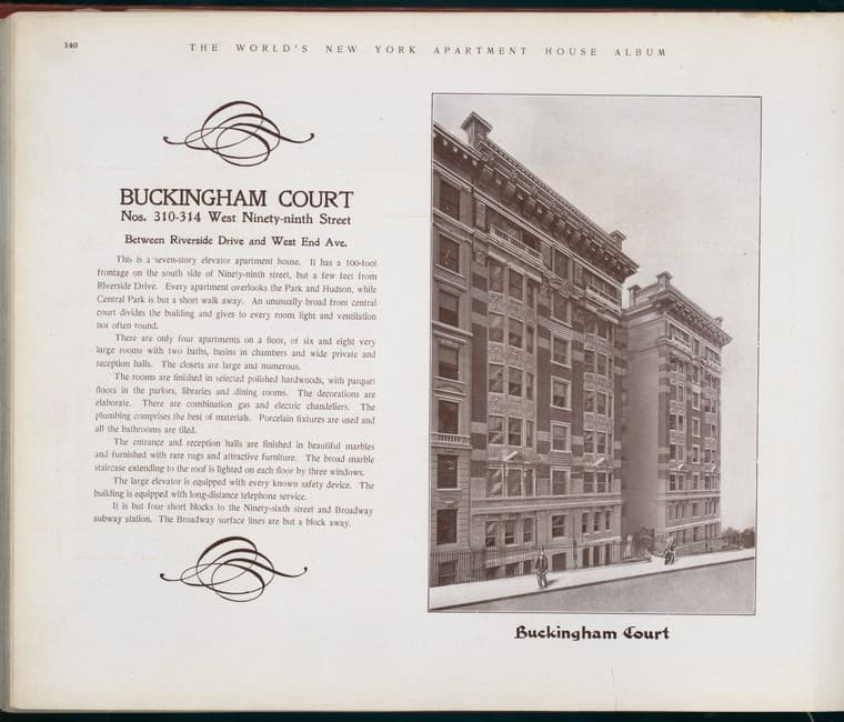 Buckingham Court. Nos. 310-314 West Ninety-ninth Street, between Riverside Drive and West End Avenue., 1910-03