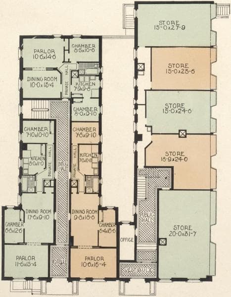Northeast corner Vanderbilt and Gates Avenues, Brooklyn Borough; Plan of first floor; Plan of upper floors., 1908