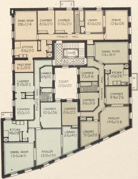 The Elizabeth, southwest corner Broadway and 105th Street; Plan of first floor; Plan of upper floors., 1908