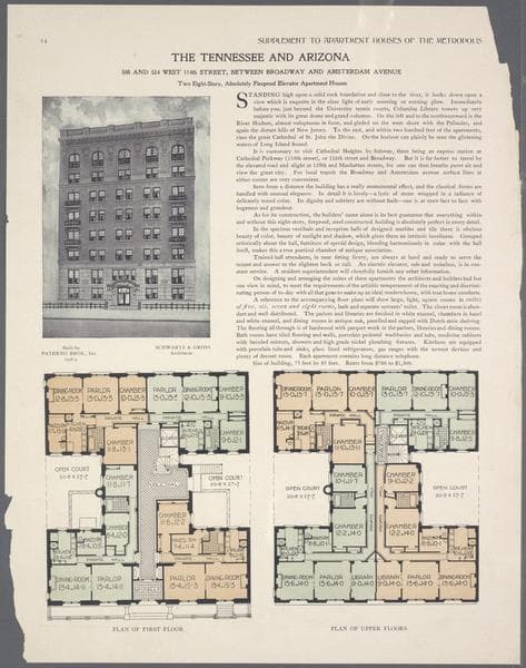 The Tennessee and Arizona, 508 and 514 West 114th Street, between Broadway and Amsterdam Avenue; Plan of first floor; Plan of upper floors., 1909