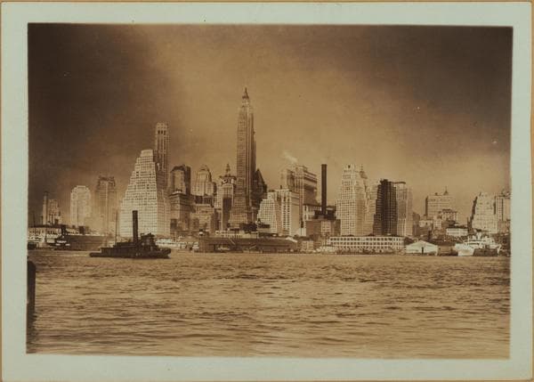 East River - Shore and skyline - [Wall Street outline, Manhattan.], 1938
