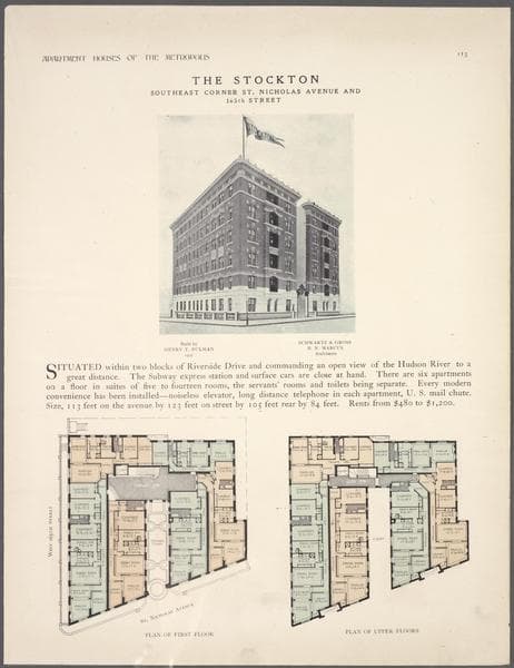 The Stockton, southeast corner St. Nicholas Avenue and 165th Street; Plan of first floor; Plan of upper floors., 1908