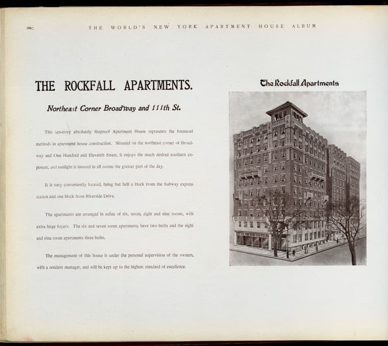 The Rockfall Apartments. Northeast Corner Broadway and 111th Street., 1910-03