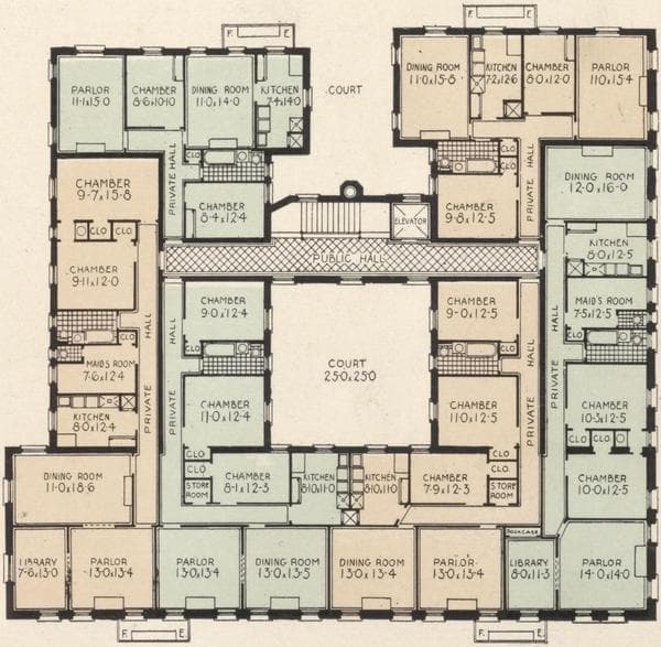The Washington Heights, northeast corner Broadway and 159th Street; View looking south; Plan of first floor; Plan of upper floors., 1908