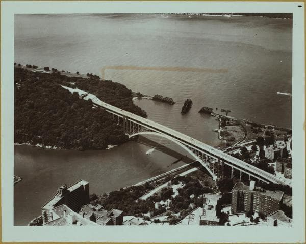 Bridges - Henry Hudson Bridge - [General view of Henry Hudson Bridge, Harlem River in foreground, Hudson River in background, Inwood Hill Park to the left.], 1971