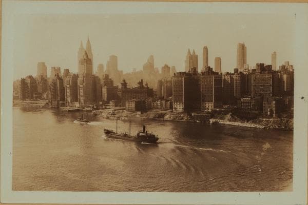 East River - Shore and skyline of Manhattan Between East 49th and 58th Streets - Williamsburg and Queensborough Bridges., 1933
