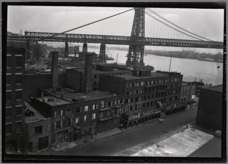 Williamsburg Bridge; Lewis Greenberg Plumbing Supplies: Cherry St. - East St., Manhattan, 1934