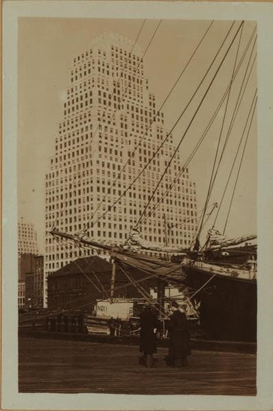 East River - Pier 11 - [Bank of Manhattan - 60 Wall Street Tower - Schooner R.R. Govin.], 1933
