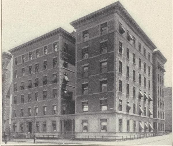 Miscellaneous apartments. The Lafayette, 320 Manhattan Avenue, southeast corner of 114th Street, facing Morningside Park; Typical floor plan; The Versailles, 1845 Seventh Avenue, northeast corner 112th Street; Typical floor plan; The Rochambeau, 312 Manhattan Avenue, northeast corner 113th Street, facing Morningside Park; Typical floor plan., 1908