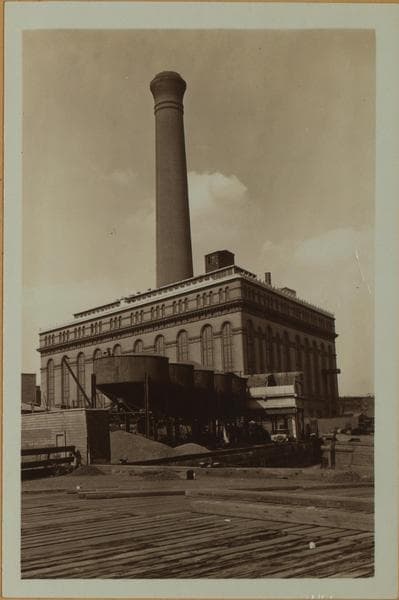 East River - Shore and skyline of Manhattan from East 94th Street - Queensborough Bridge - [Consolidated Edison Company.], 1934–1935