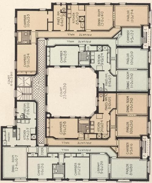 La Touraine and Mont Cenis, 46 and 50 Morningside Drive; Typical floor plan of the Mont Cenis, 50 Morningside Drive West, southwest corner of 116th Street ; Typical floor plan of La Touraine, 46 Morningside Drive West, northwest corner of 115th Street., 1908