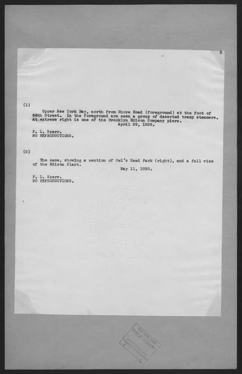 Upper New York Bay -- North Shore Road, foot of 68th Street (Brooklyn), 1929–1930