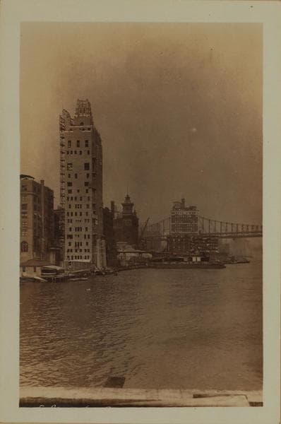 East River - Shore and skyline of Manhattan from East 51st Street - Williamsburg and Queensborough Bridges - [River House; Consumers Brewing Company.], 1927–1935