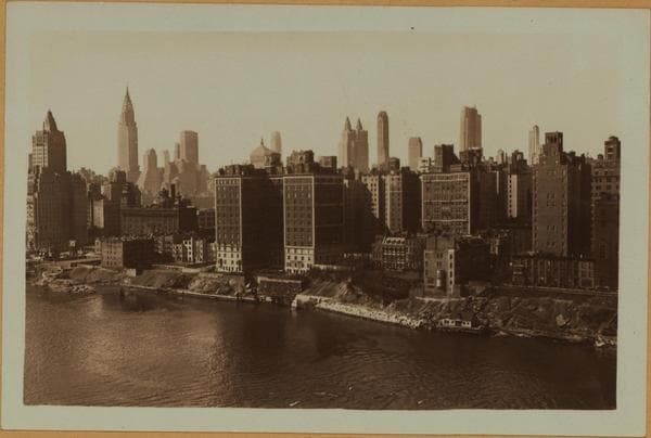 East River - Shore and skyline of Manhattan between East 53rd and 59th Streets - Williamsburg and Queensborough Bridges - [Chrysler Building; General Electric Company; Lincoln Building; New York Central Railroad Building; New York Steam Corporation; R.C.A. Building; River House; Waldorf-Astoria Hotel.], 1933–1935