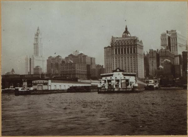 North (Hudson) River - River scenes - Lower Manhattan skyline - [Adams Express Building - Bankers Trust Company - Equitable Trust Company - Singer Manufacturing Company - West Street Building - Woolworth Building - Municipal Building - Hudson Railroad Terminal - Bank of Manhattan - City Bank-Farmers Trust Company - Downtown Athletic Club - Irving Trust Company.], 1914–1930