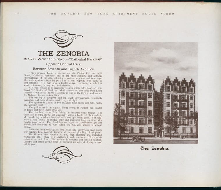 The Zenobia. 215-221 West 110th Street - "Cathedral Parkway", opposite Central Park. Between Seventh and Eighth Avenues., 1910-03
