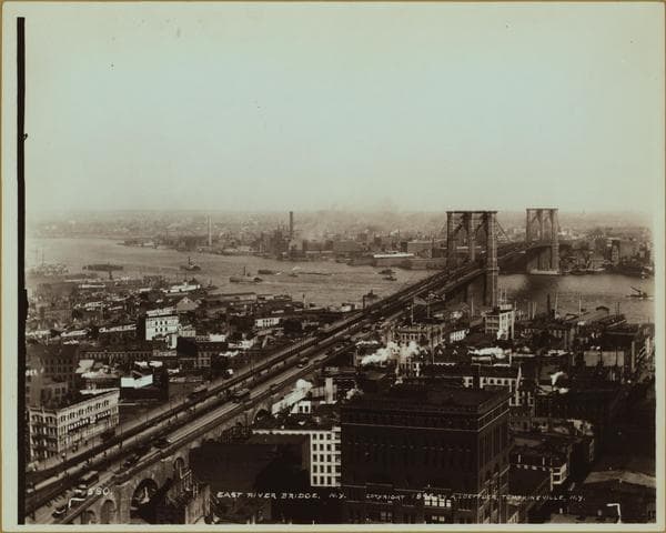 Bridges - Brooklyn Bridge - [View of Brooklyn Bridge over East River, connecting Manhattan to Brooklyn.], 1945