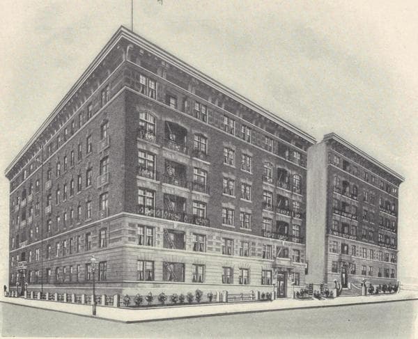 La Touraine and Mont Cenis, 46 and 50 Morningside Drive; Typical floor plan of the Mont Cenis, 50 Morningside Drive West, southwest corner of 116th Street ; Typical floor plan of La Touraine, 46 Morningside Drive West, northwest corner of 115th Street., 1908