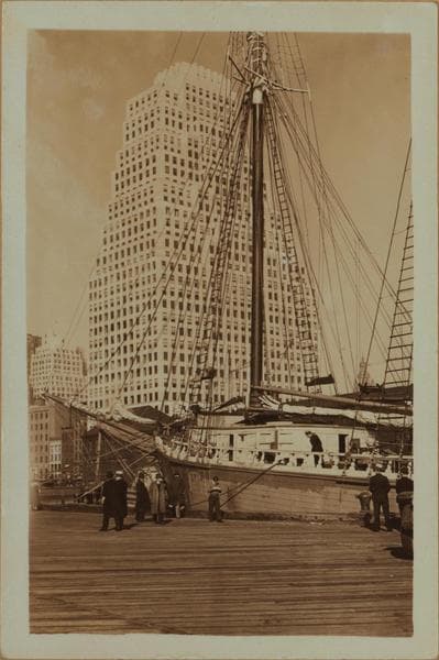 East River - Pier 11 - [Bank of Manhattan - 60 Wall Street Tower - Schooner R.R. Govin.], 1933
