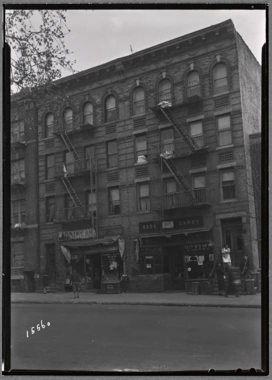 Tenements & storefronts; Fred Zimmerman Groceries: 569 Saratoga Ave-Sutter-Pitkin, Brooklyn, 1936