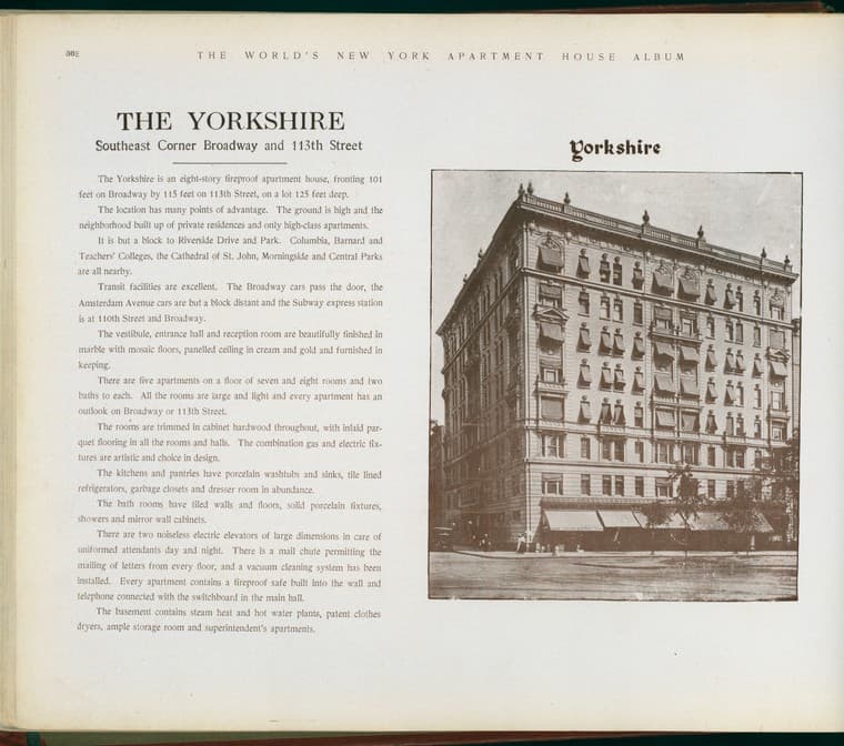 The Yorkshire. Southeast Corner Broadway and 113th Street., 1910-03