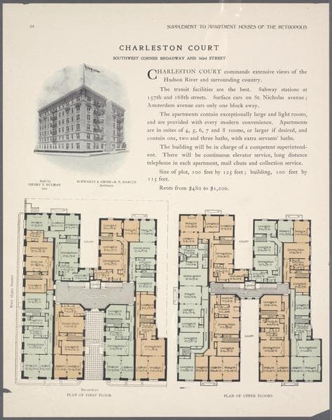 Charleston Court, southwest corner Broadway and 163d Street; Plan of first floor; Plan of upper floors, 1909
