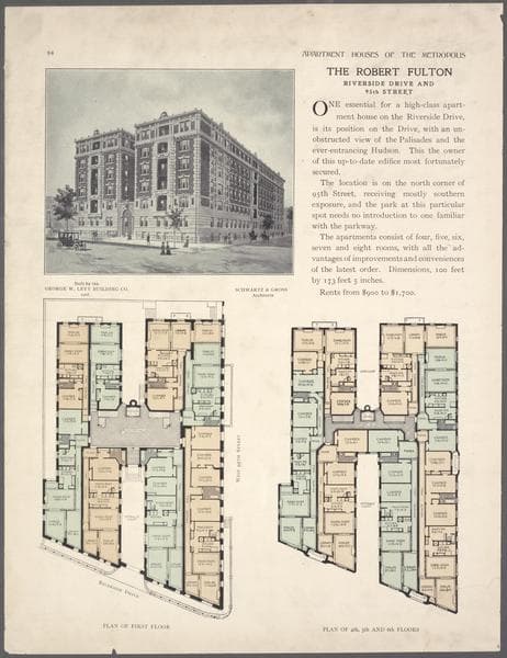 The Robert Fulton, Riverside Drive and 95th Street; Plan of first floor; Plan of 4th, 5th and 6th floors., 1908
