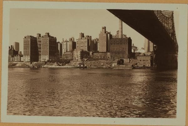 East River - Shore and skyline of Manhattan between East 53rd and 59th Streets - Williamsburg and Queensborough Bridges - [Chrysler Building; General Electric Company; Lincoln Building; New York Central Railroad Building; New York Steam Corporation; R.C.A. Building; River House; Waldorf-Astoria Hotel.], 1933–1935