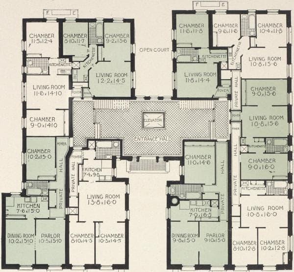 Fluri Apartments, northeast corner St. Nicholas Avenue and 177th Street. Plan of first floor; Plan of upper floors., 1909